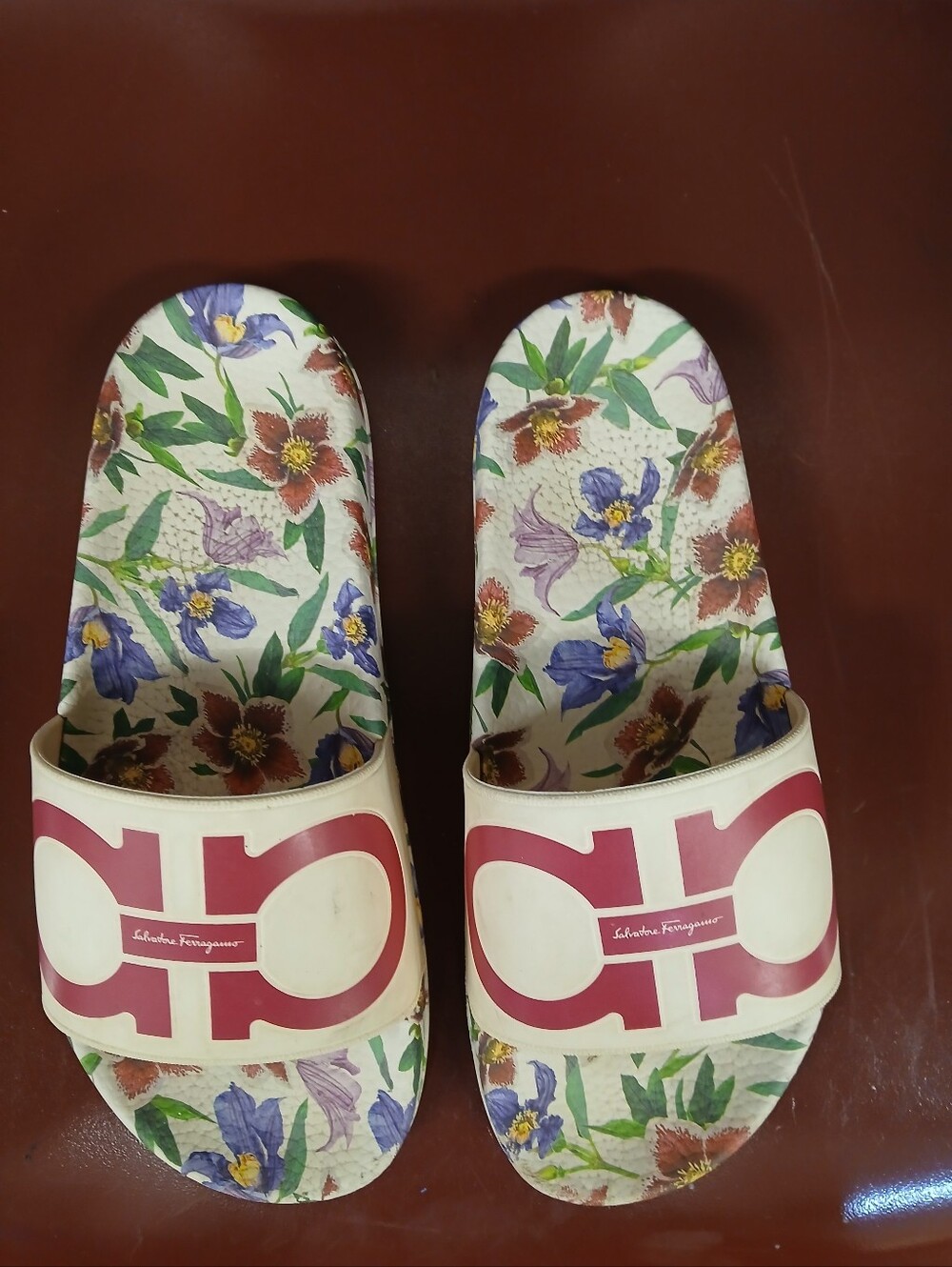 Salvatore Ferragamo White Slide Sandals with Pink Logo & Floral Design